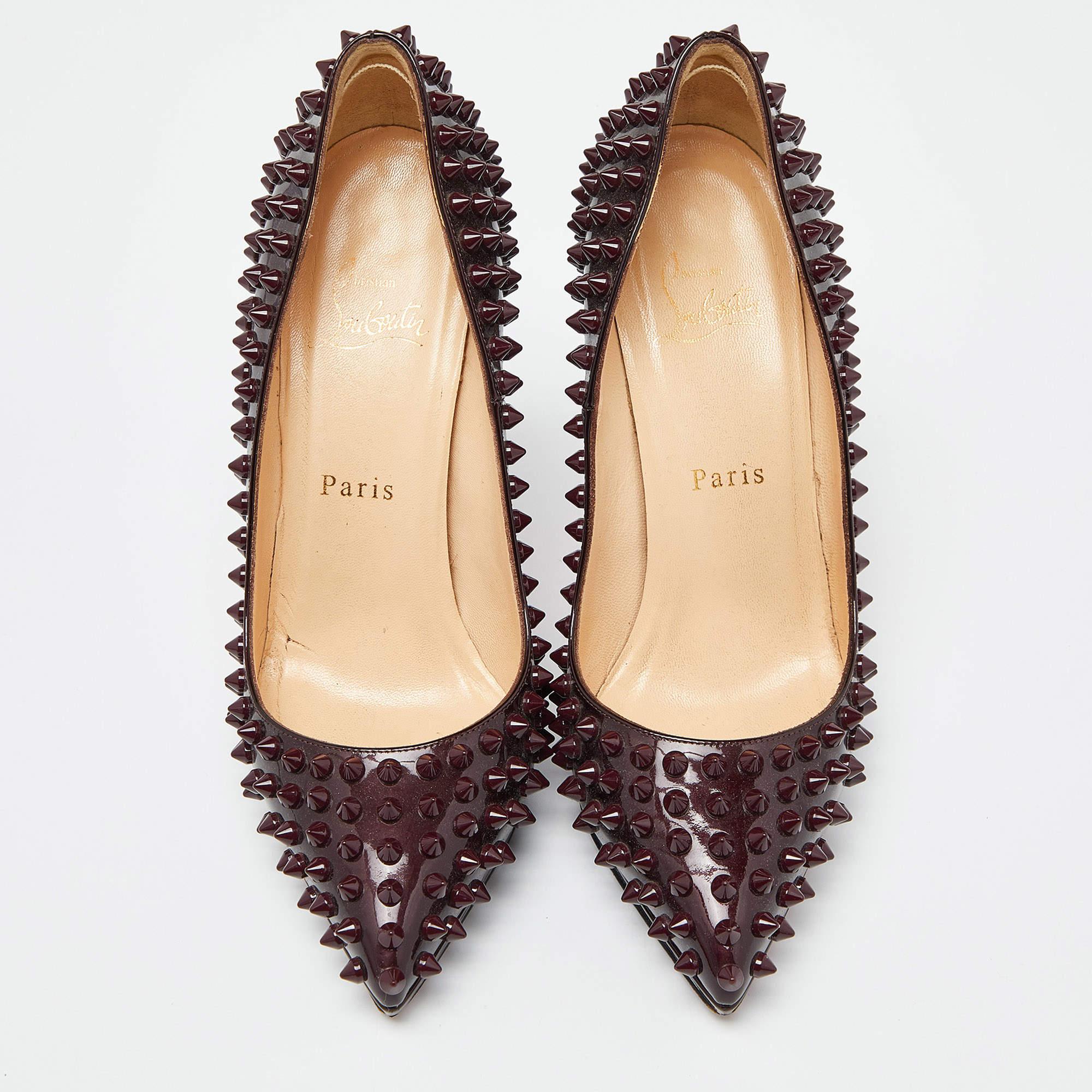 Christian Louboutin Burgundy Patent Leather Pigalle Spikes Pumps Size 37 For Sale 4