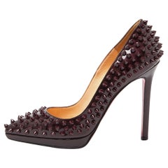 Used Christian Louboutin Burgundy Patent Leather Pigalle Spikes Pumps Size 37