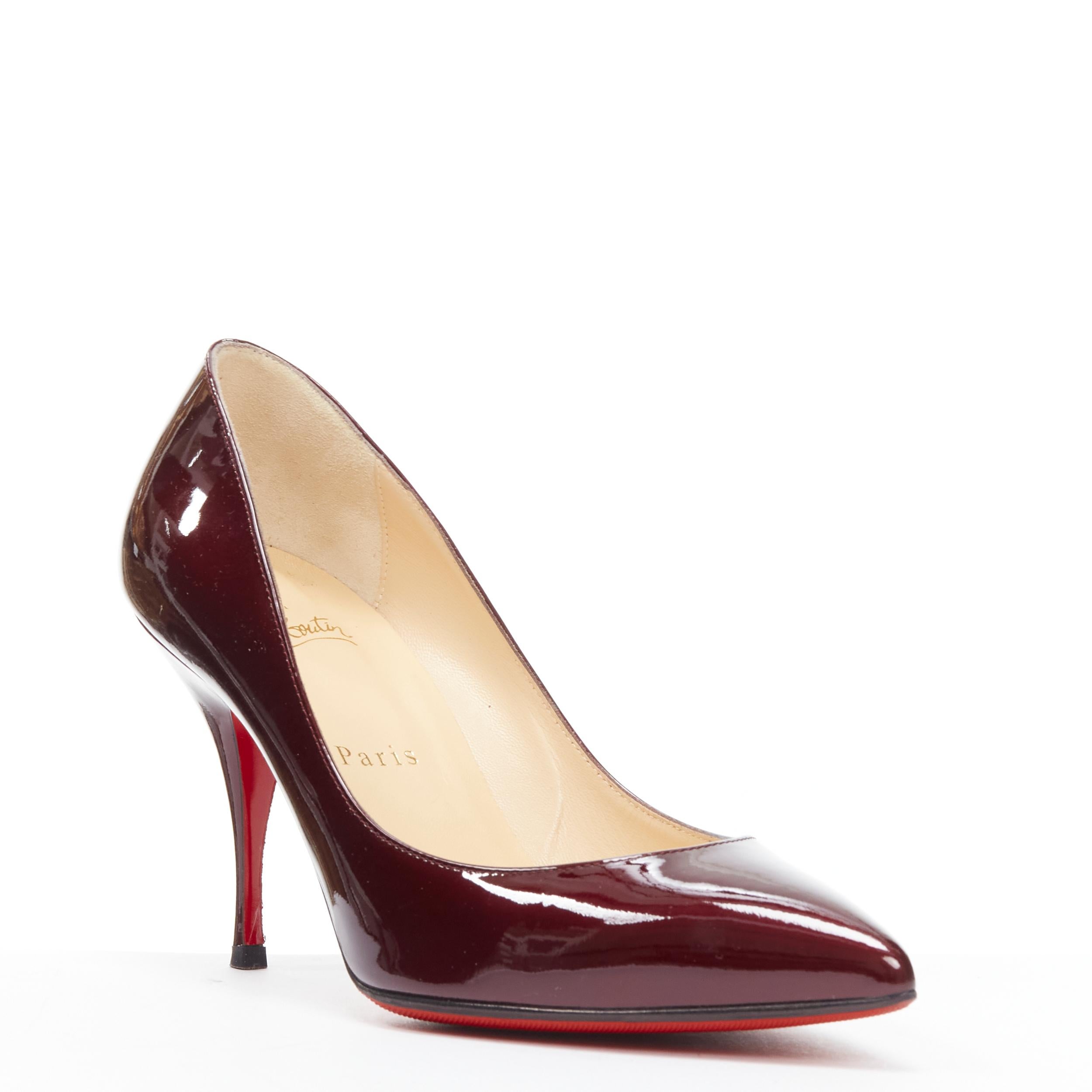 CHRISTIAN LOUBOUTIN burgundy red patent leather 85mm pigalle pumps EU37 
Reference: TACW/A00017
Brand: Christian Louboutin 
Designer: Christian Louboutin 
Material: Patent Leather 
Color: Burgundy 
Pattern: Solid Extra 
Detail: Slim heel. 
Estimated