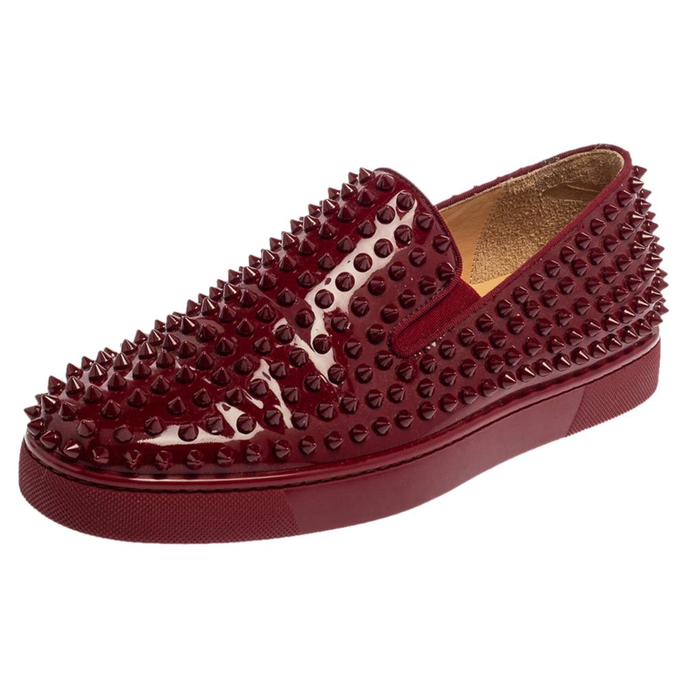 Christian Louboutin Burgundy Roller Boat Spiked Slip On Sneakers Size 40