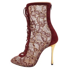 Christian Louboutin Burgundy Suede and Floral Lace Ankle Booties Size 38.5