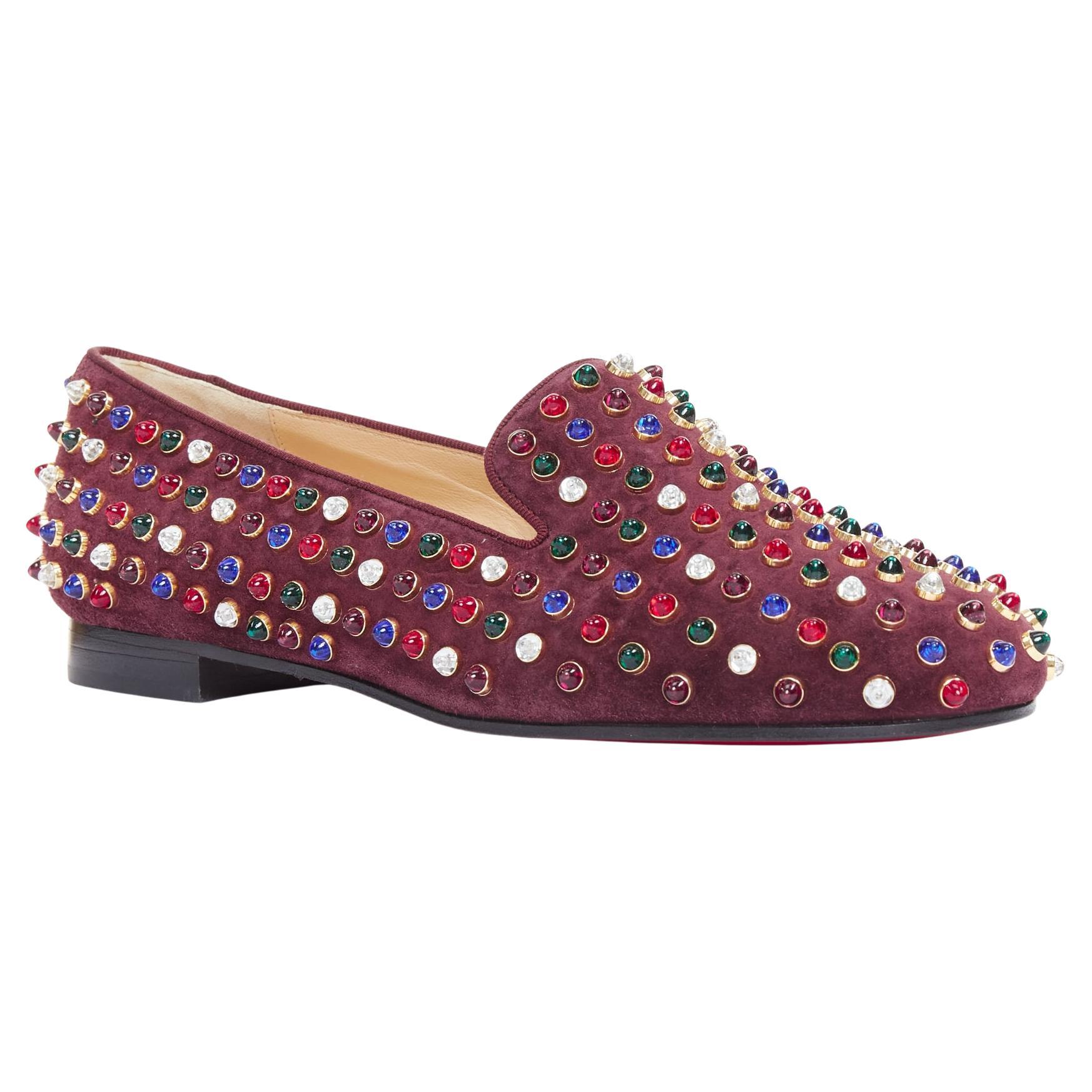 CHRISTIAN LOUBOUTIN mocassins en daim bordeaux à clous de pierre gripoix Jewel tone EU36.5 en vente