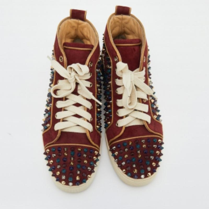 Marron Christian Louboutin Burgundy Suede Louis Spikes High Top Sneakers Size 37.5 en vente