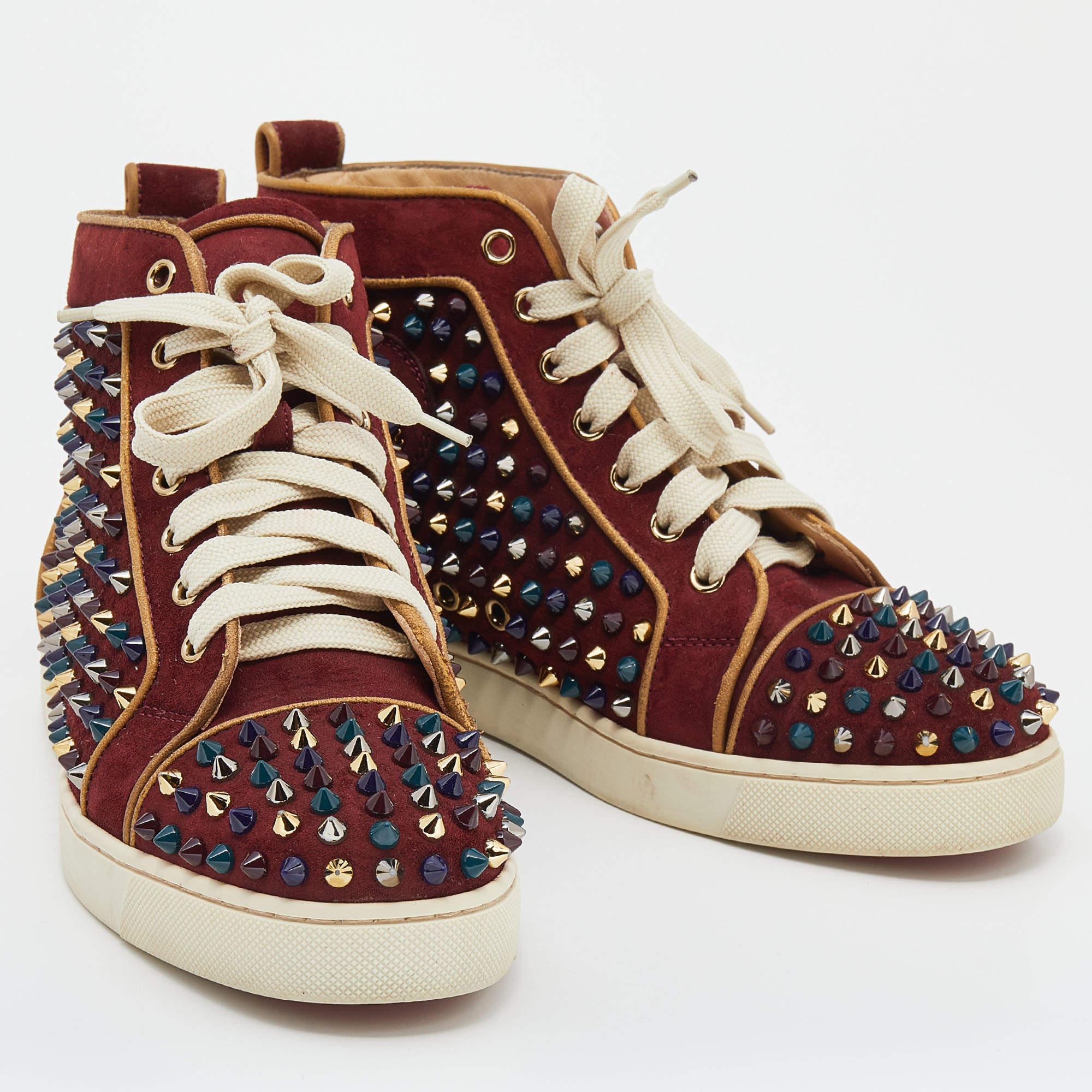 Christian Louboutin Burgundy Suede Louis Spikes High Top Sneakers Size 37.5 In Good Condition For Sale In Dubai, Al Qouz 2
