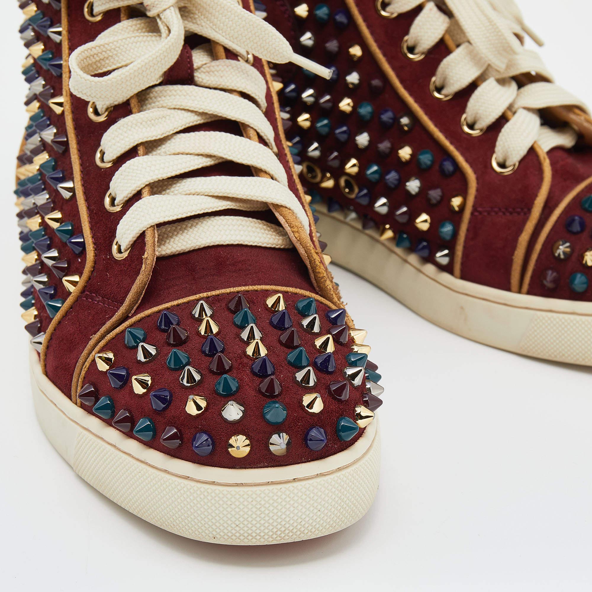 Women's Christian Louboutin Burgundy Suede Louis Spikes High Top Sneakers Size 37.5 For Sale