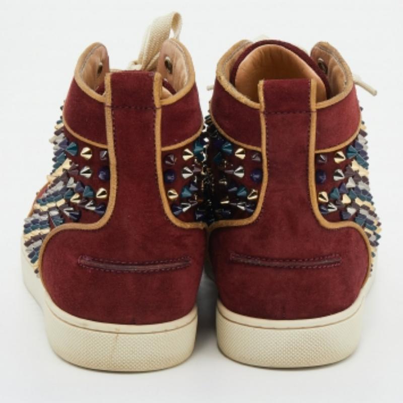 Christian Louboutin Burgundy Suede Louis Spikes High Top Sneakers Size 37.5 en vente 1