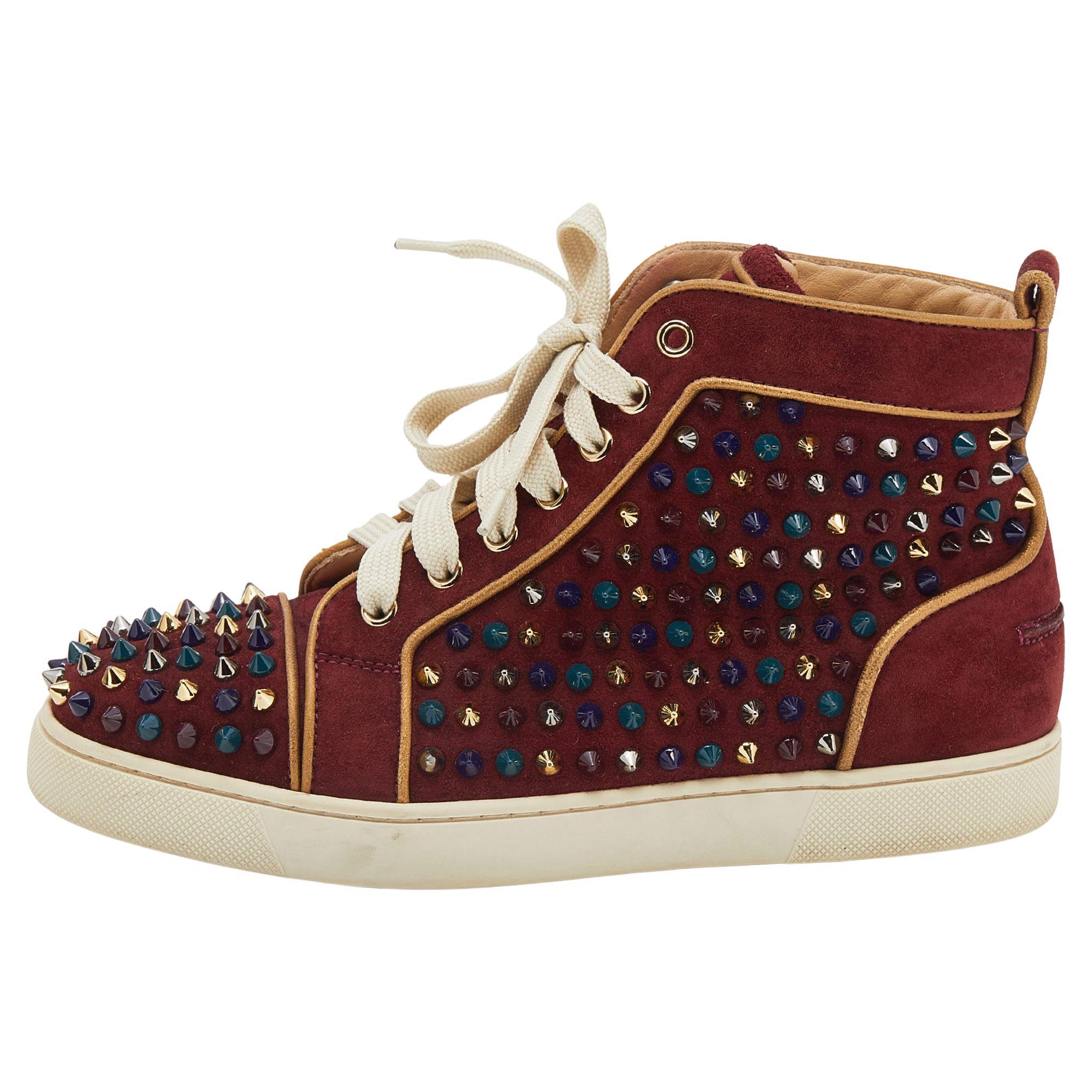 Christian Louboutin Burgundy Suede Louis Spikes High Top Sneakers Size 37.5 For Sale