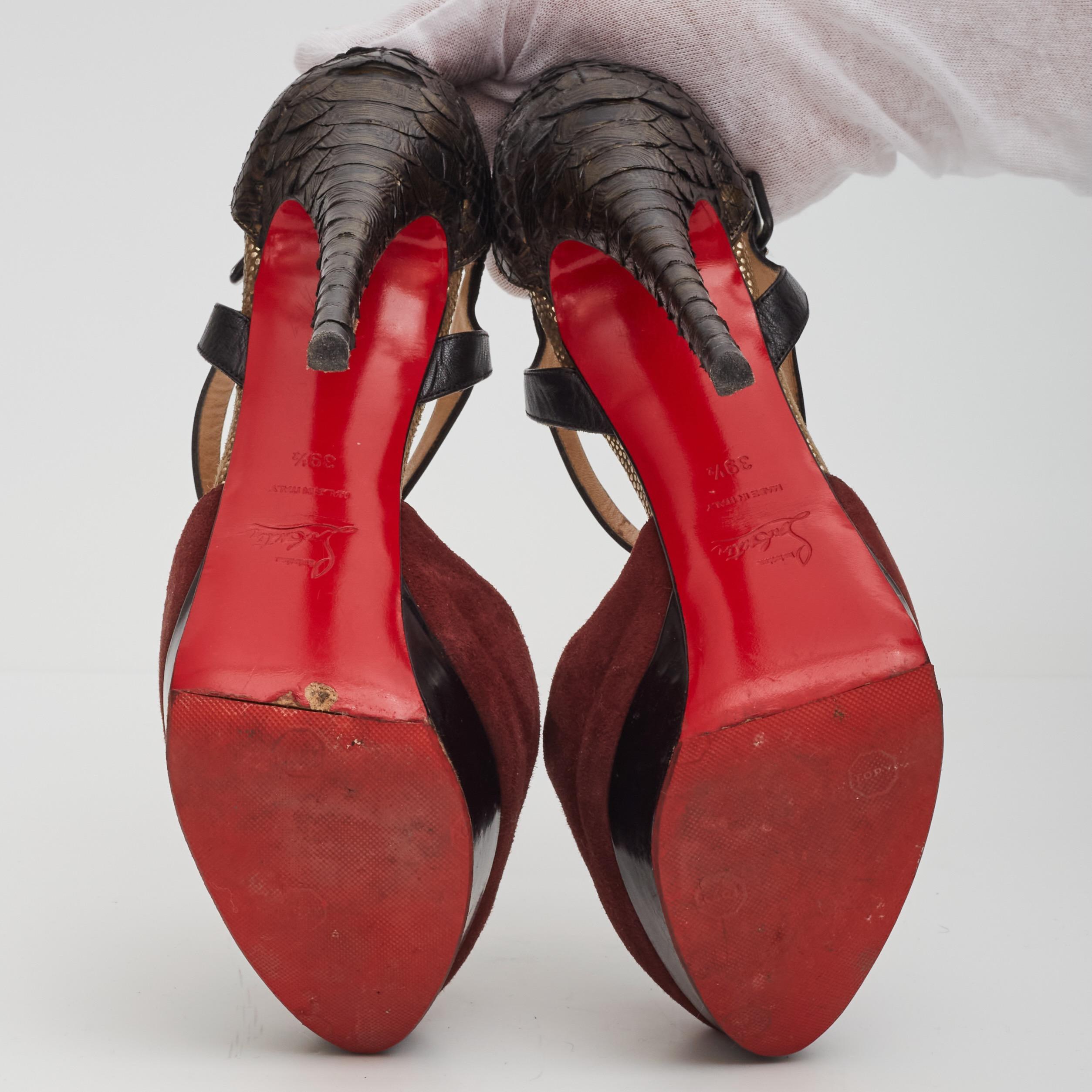 Women's Christian Louboutin Burgundy Suede Snake Skin Peep Toe Platform Heel (US 8.5) For Sale