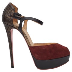 Used Christian Louboutin Burgundy Suede Snake Skin Peep Toe Platform Heel (US 8.5)