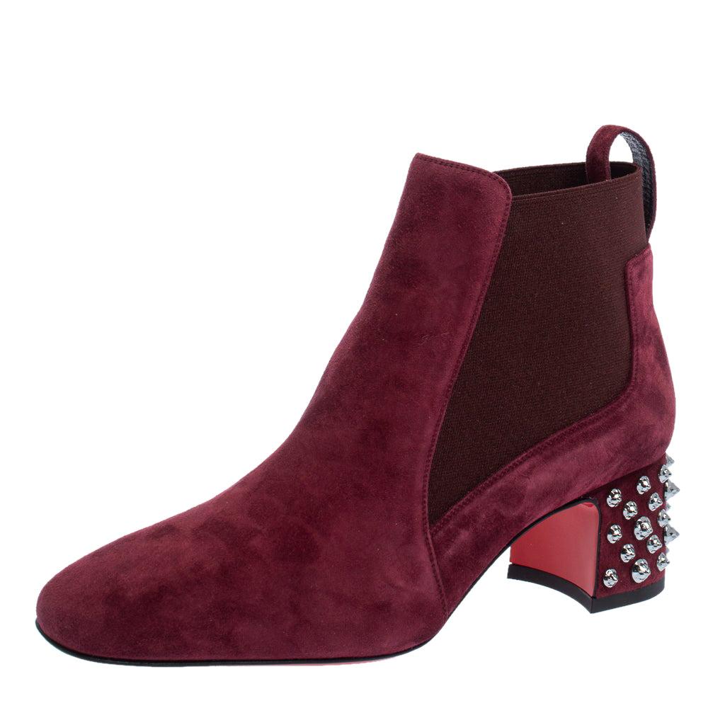 Christian Louboutin Burgundy Suede Study Block Heel Ankle Boots Size 37.5