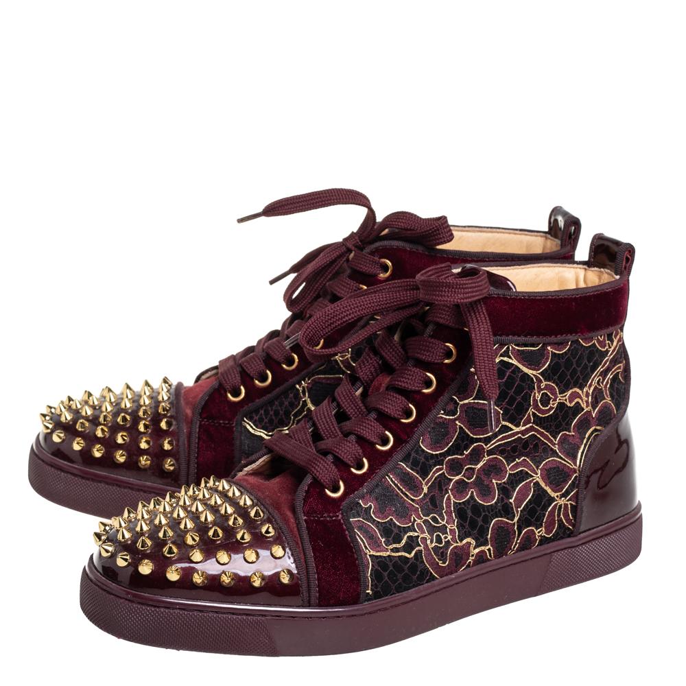 Christian Louboutin Burgundy Velvet Louis High Top Sneakers Size 40 In Good Condition In Dubai, Al Qouz 2