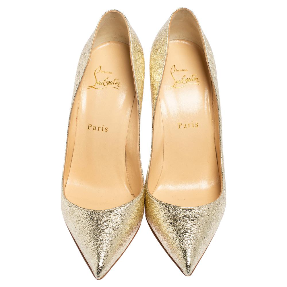 Women's Christian Louboutin c Gold Crinkled Leather Pigalle Follies Pumps Size 38.5