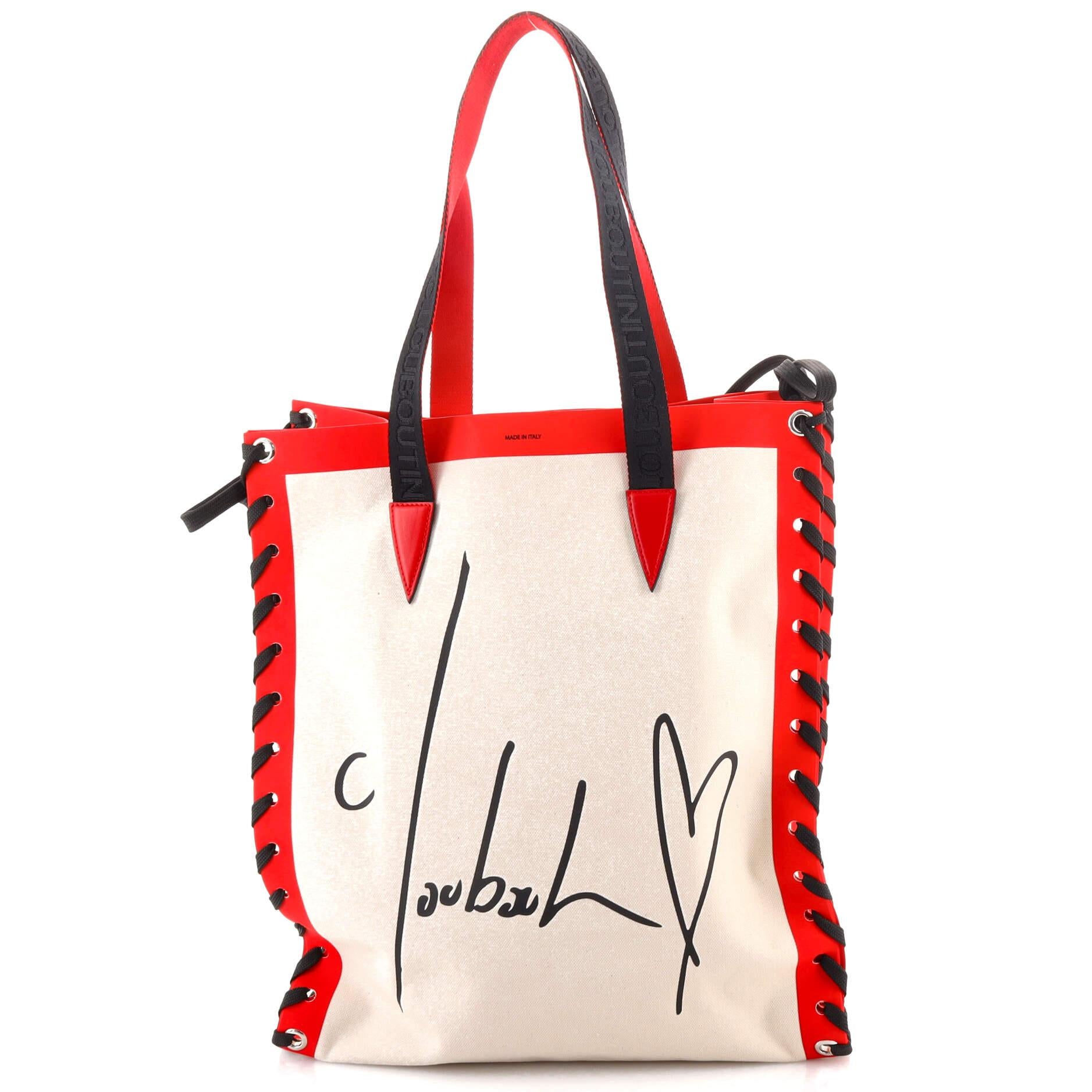 White Christian Louboutin Cabalace Tote Printed Canvas with Leather