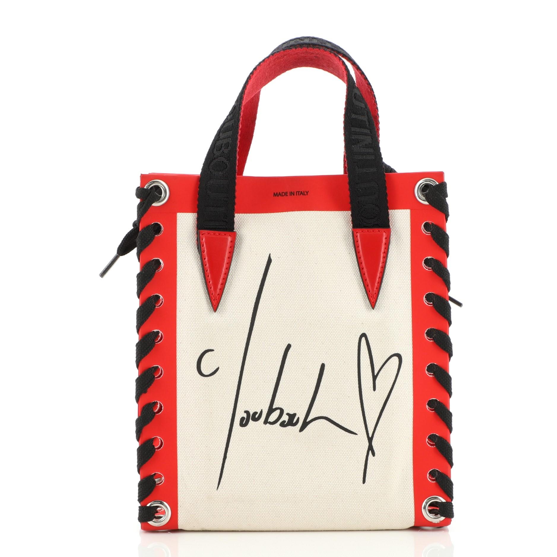 Christian Louboutin Cabalace-Tasche aus bedrucktem Segeltuch mit Leder Mini (Beige)