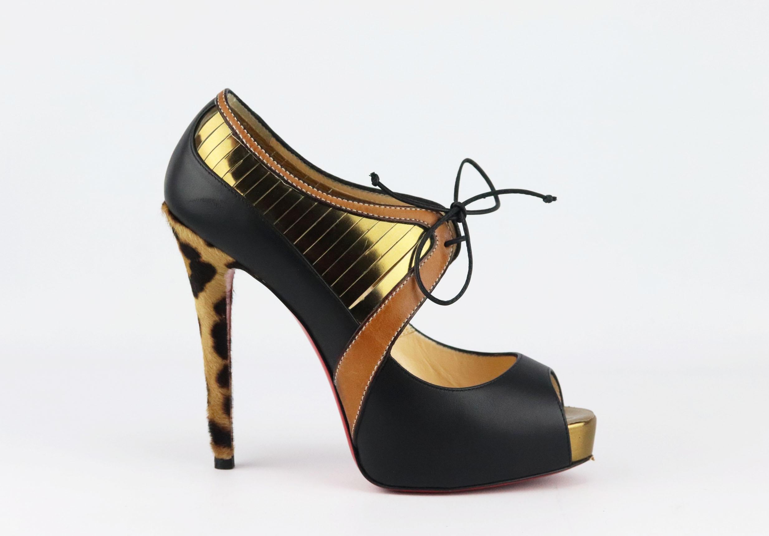 Christian Louboutin often looks to statement silhouettes for inspiration, and these pumps have a distinct feel to them, made from leopard-print calf-hair and leather, they have a stiletto heel and platform with a peep-toe that makes them comfortable