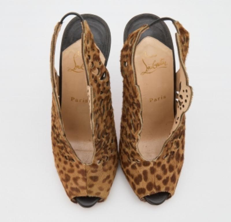 Brown Christian Louboutin Calf Hair Laser Cut Out Markesling Slingback Booties Size 40 For Sale