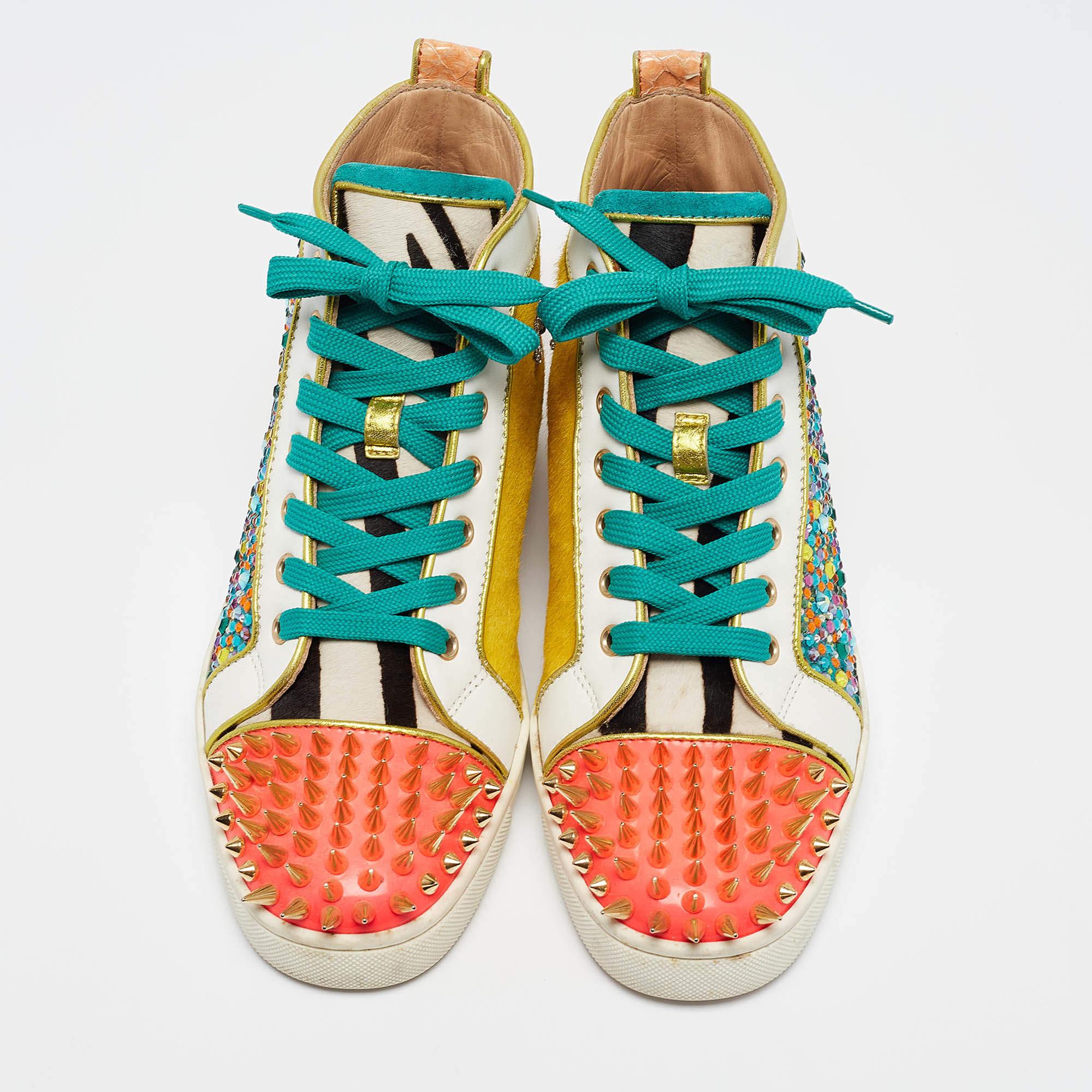 Beige Christian Louboutin Calf Hair Leather Embellished Spikes Sneakers Size 40