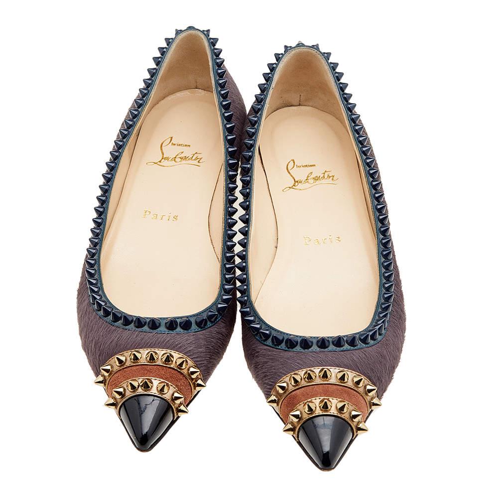 Black Christian Louboutin Calf Hair & Suede Spiked Malabar Hill Ballet Flats Size 38