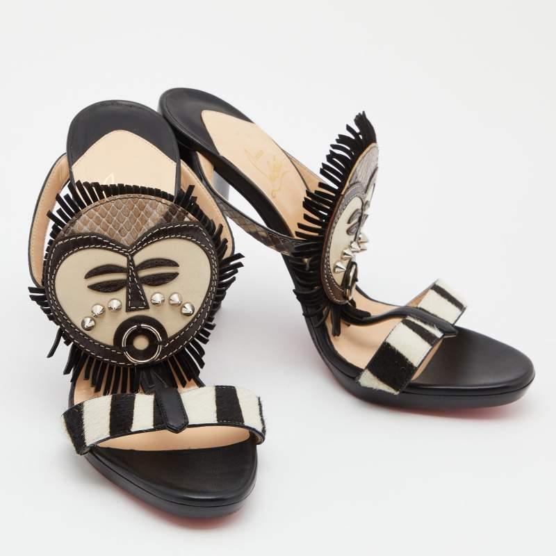Black Christian Louboutin Calfhair and Python Kimpa Mask Cuff Slide Sandals Size 38.5 For Sale