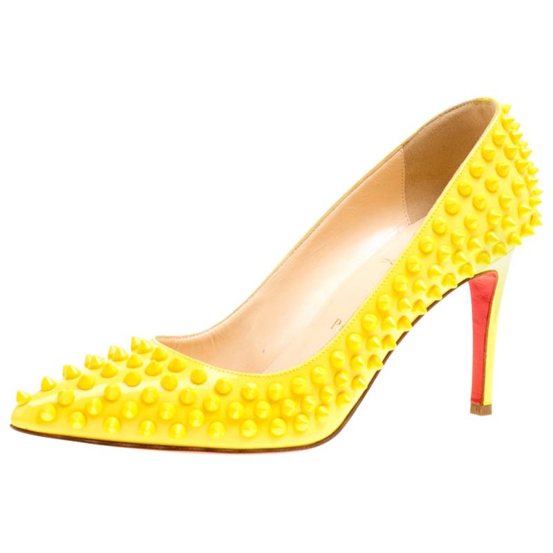 Christian Louboutin Canary Yellow Patent Leather Pigalle Spikes Pumps Size 37.5