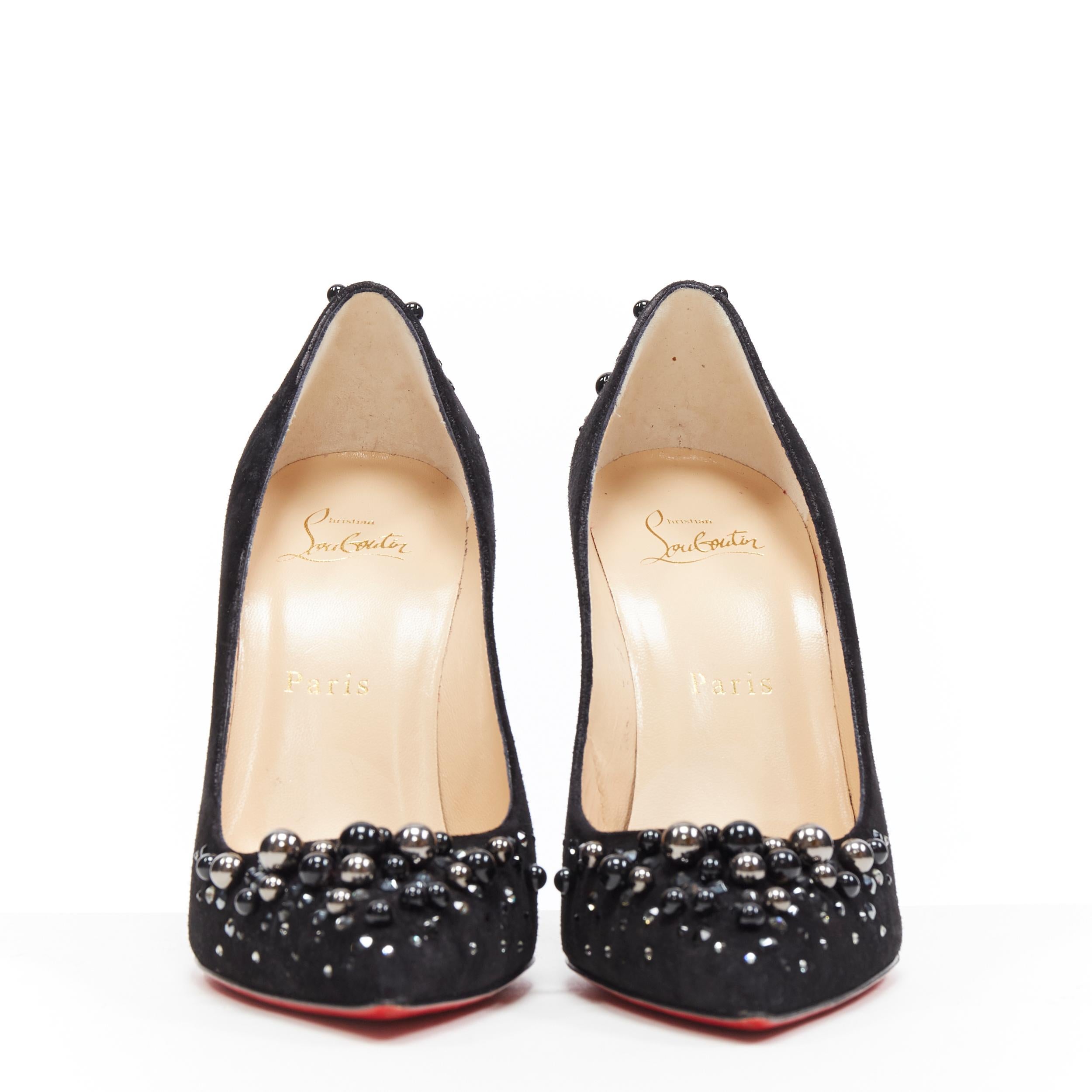 Black CHRISTIAN LOUBOUTIN Candidate 100 black suede pearl strass pointy pump EU37.5