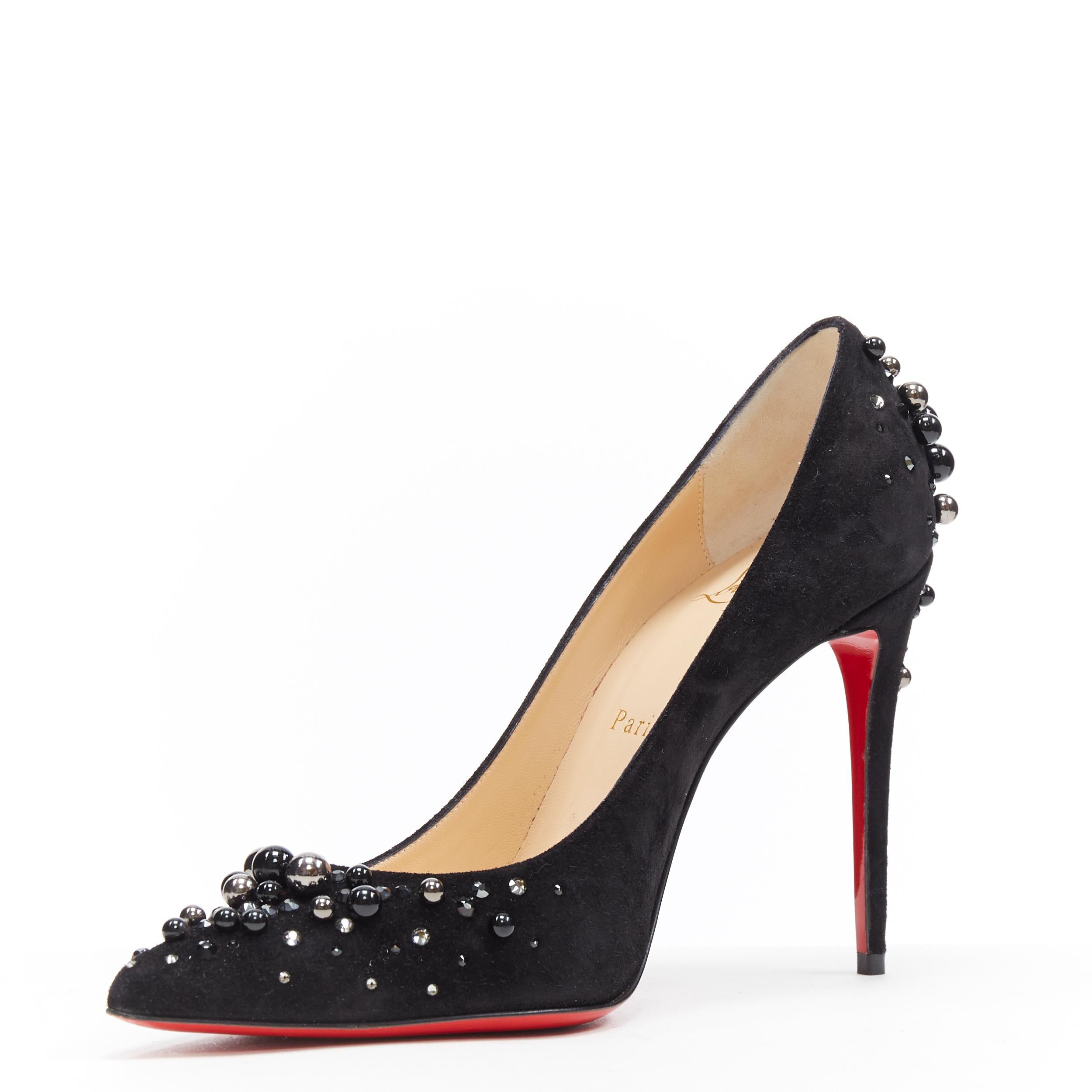 CHRISTIAN LOUBOUTIN Candidate 100 black suede pearl strass pointy pump EU37.5 In Excellent Condition In Hong Kong, NT