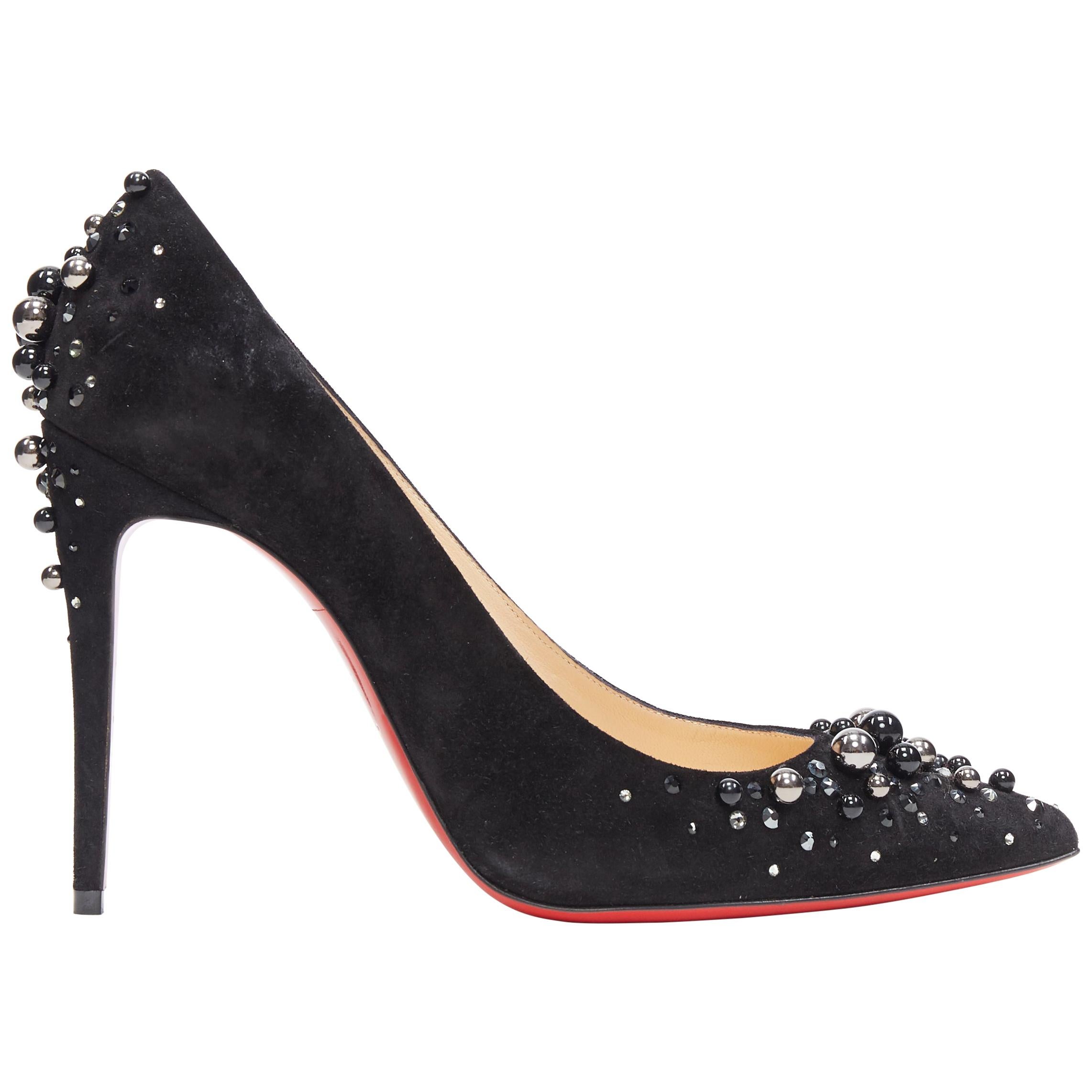 CHRISTIAN LOUBOUTIN Candidate 100 black suede pearl strass pointy pump EU37.5