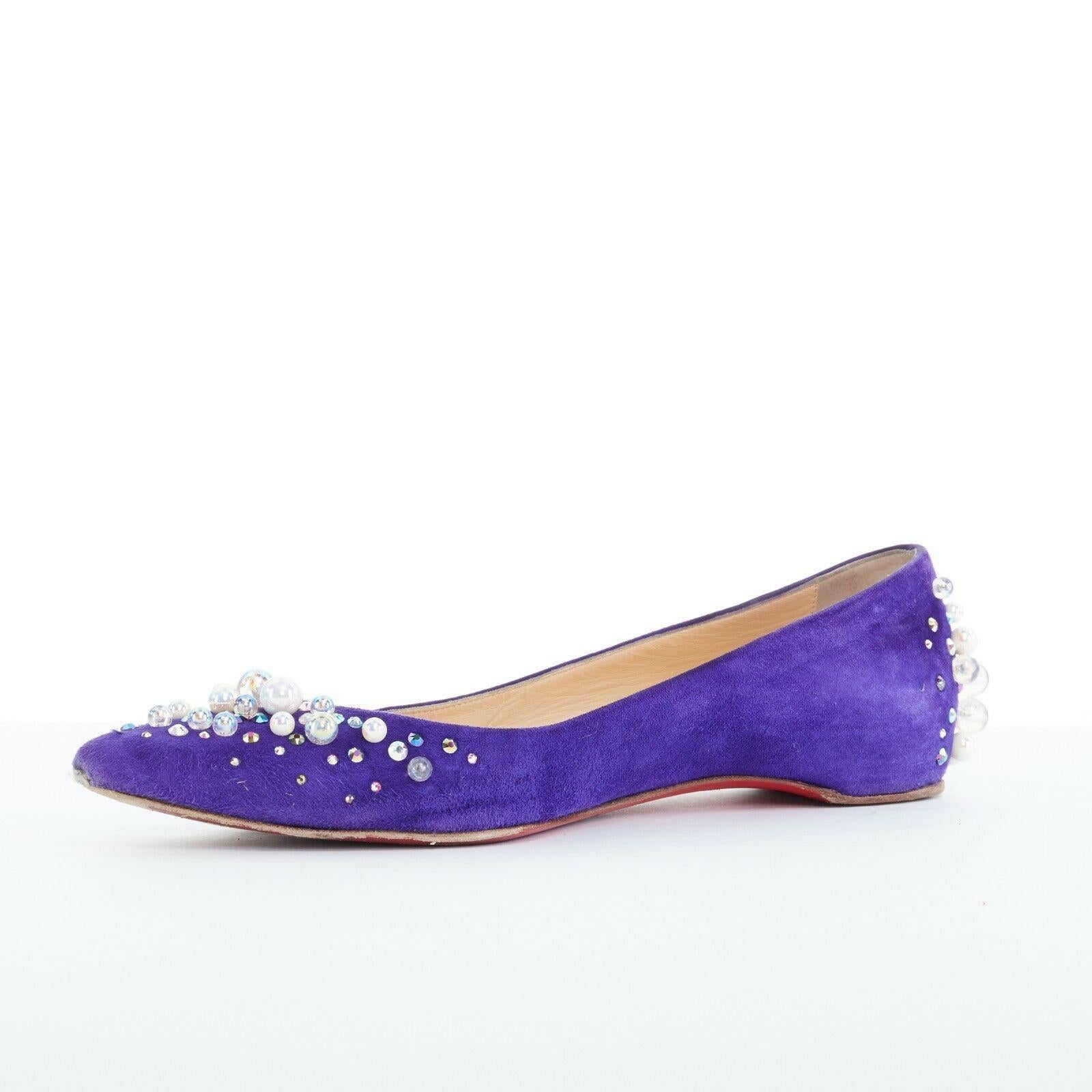 CHRISTIAN LOUBOUTIN Candidate blue suede pearl crystal ballerina flats EU35.5 In Good Condition In Hong Kong, NT