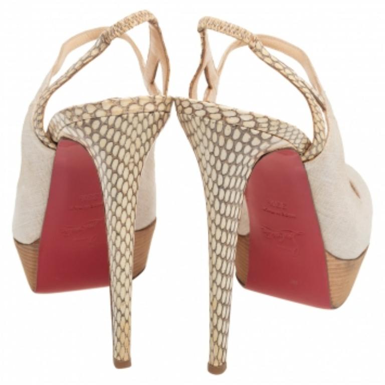 Beige Christian Louboutin Canvas and Snakeskin Fine Bretelle Slingback Pumps Size 39.5