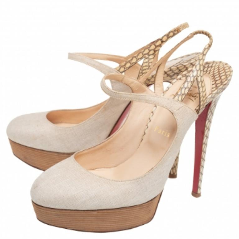 Women's Christian Louboutin Canvas and Snakeskin Fine Bretelle Slingback Pumps Size 39.5