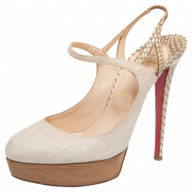 Christian Louboutin Canvas and Snakeskin Fine Bretelle Slingback Pumps Size 39.5 1