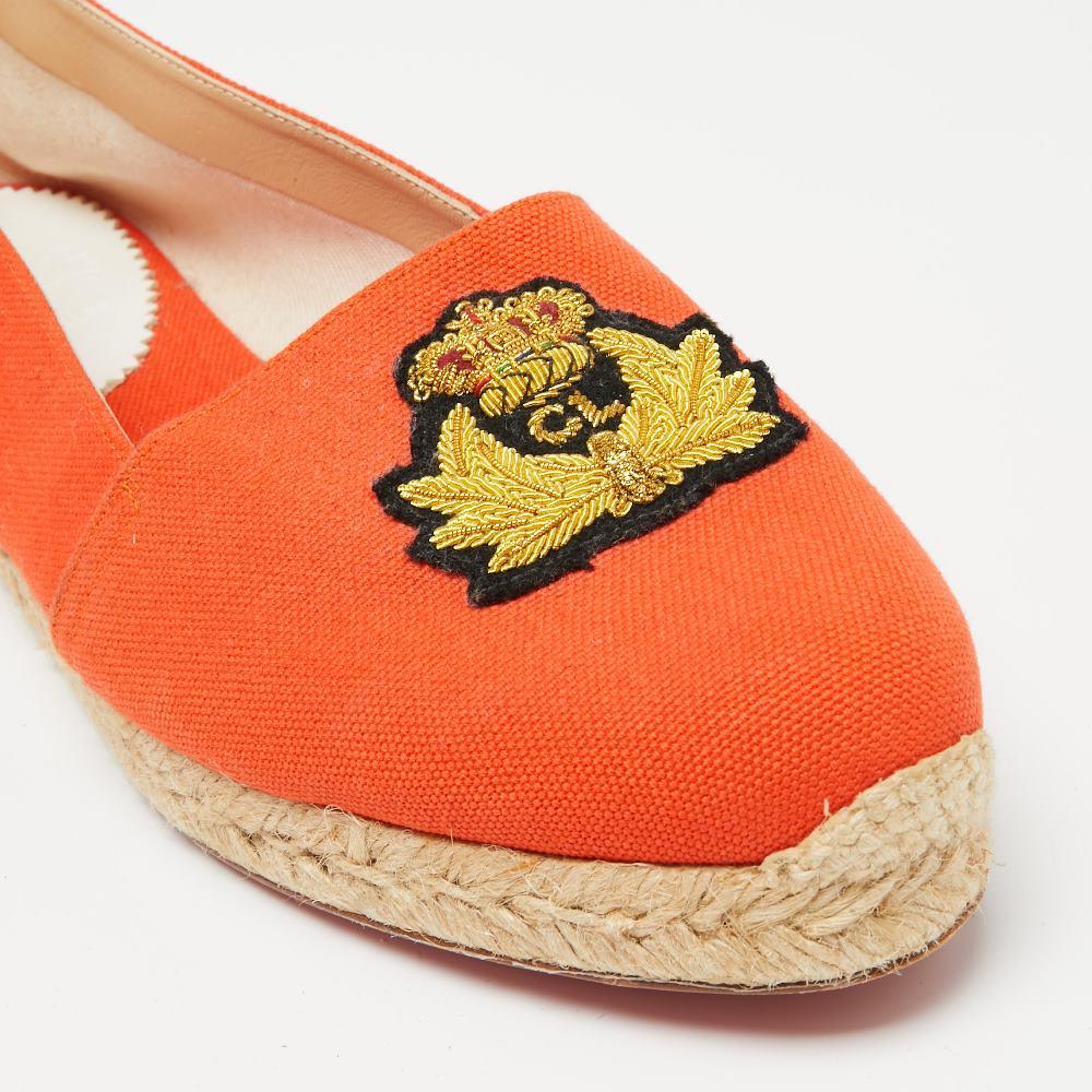 Red Christian Louboutin Canvas Gala Embroidered Crest Flat Espadrilles Size 40