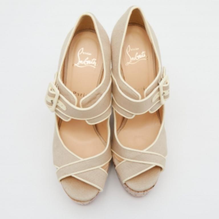 Brown Christian Louboutin Canvas & Leather Cork Melides Wedge Peep Toe Pumps Size 39 For Sale