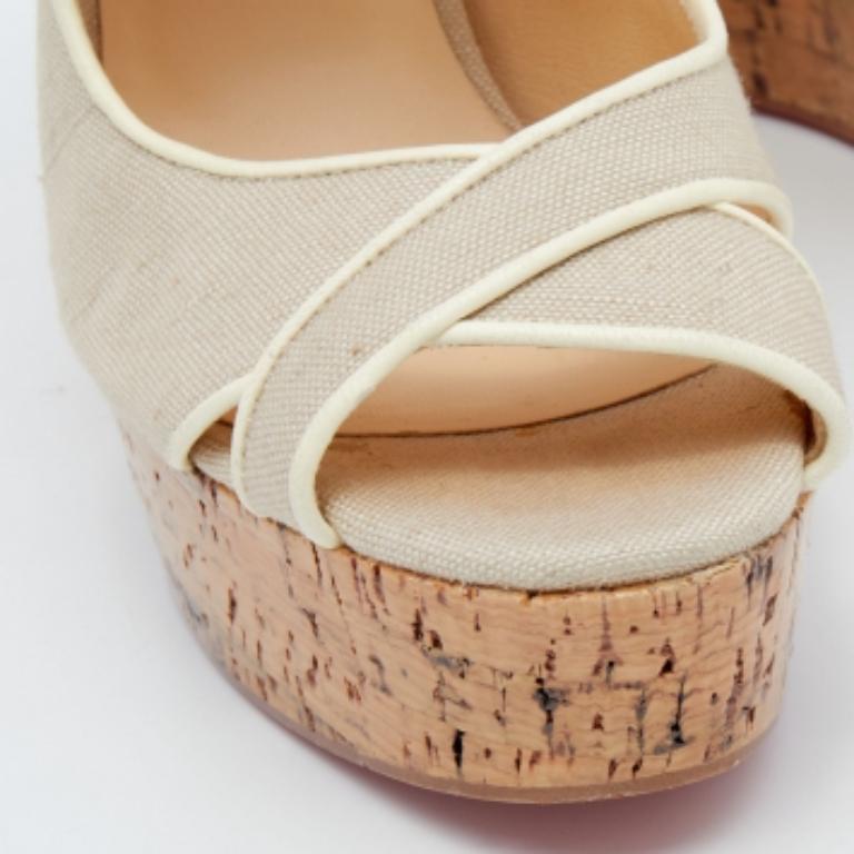 Christian Louboutin Canvas & Leather Cork Melides Wedge Peep Toe Pumps Size 39 For Sale 1