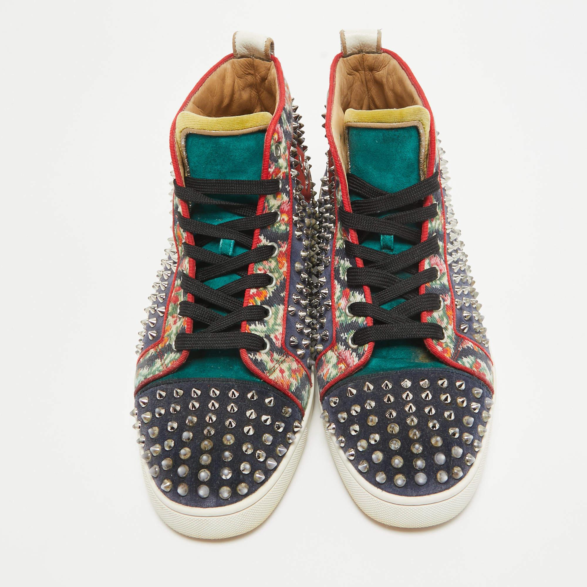 Christian Louboutin Canvas Leder Louis Spikes High Top Turnschuhe Größe 44 (Schwarz) im Angebot