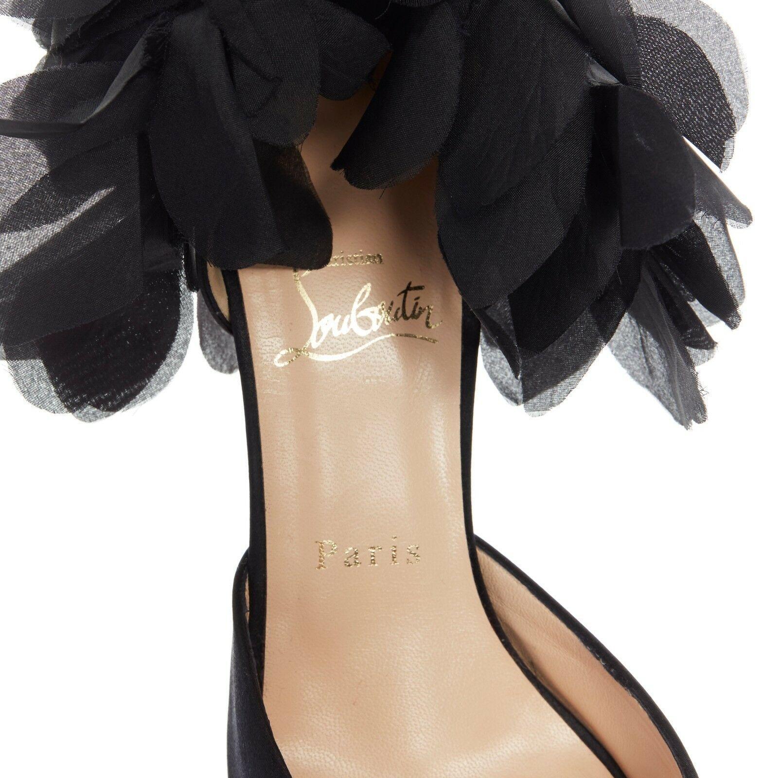 CHRISTIAN LOUBOUTIN Carnival 100 black satin peep toe ruffle petal heel EU37.5 2