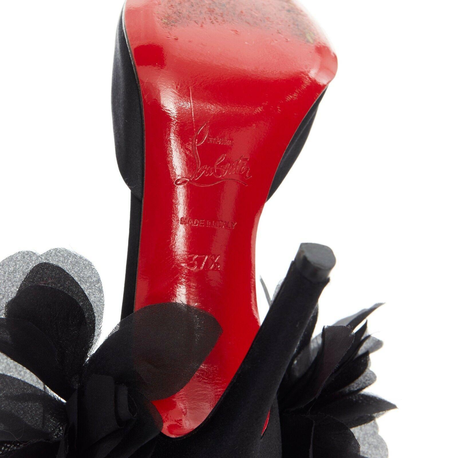 CHRISTIAN LOUBOUTIN Carnival 100 black satin peep toe ruffle petal heel EU37.5 3