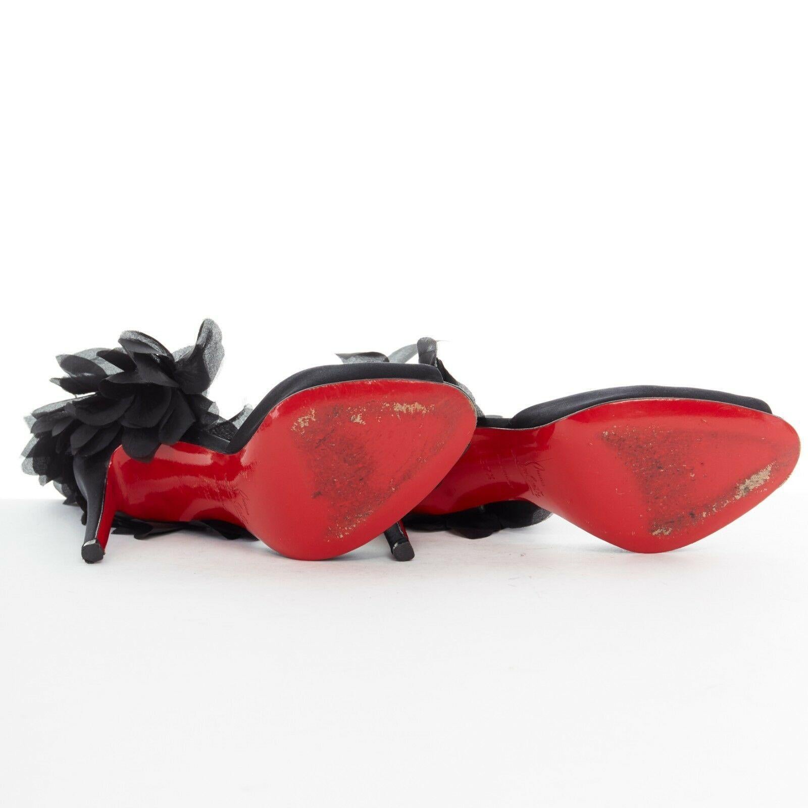 CHRISTIAN LOUBOUTIN Carnival 100 black satin peep toe ruffle petal heel EU37.5 In Excellent Condition In Hong Kong, NT