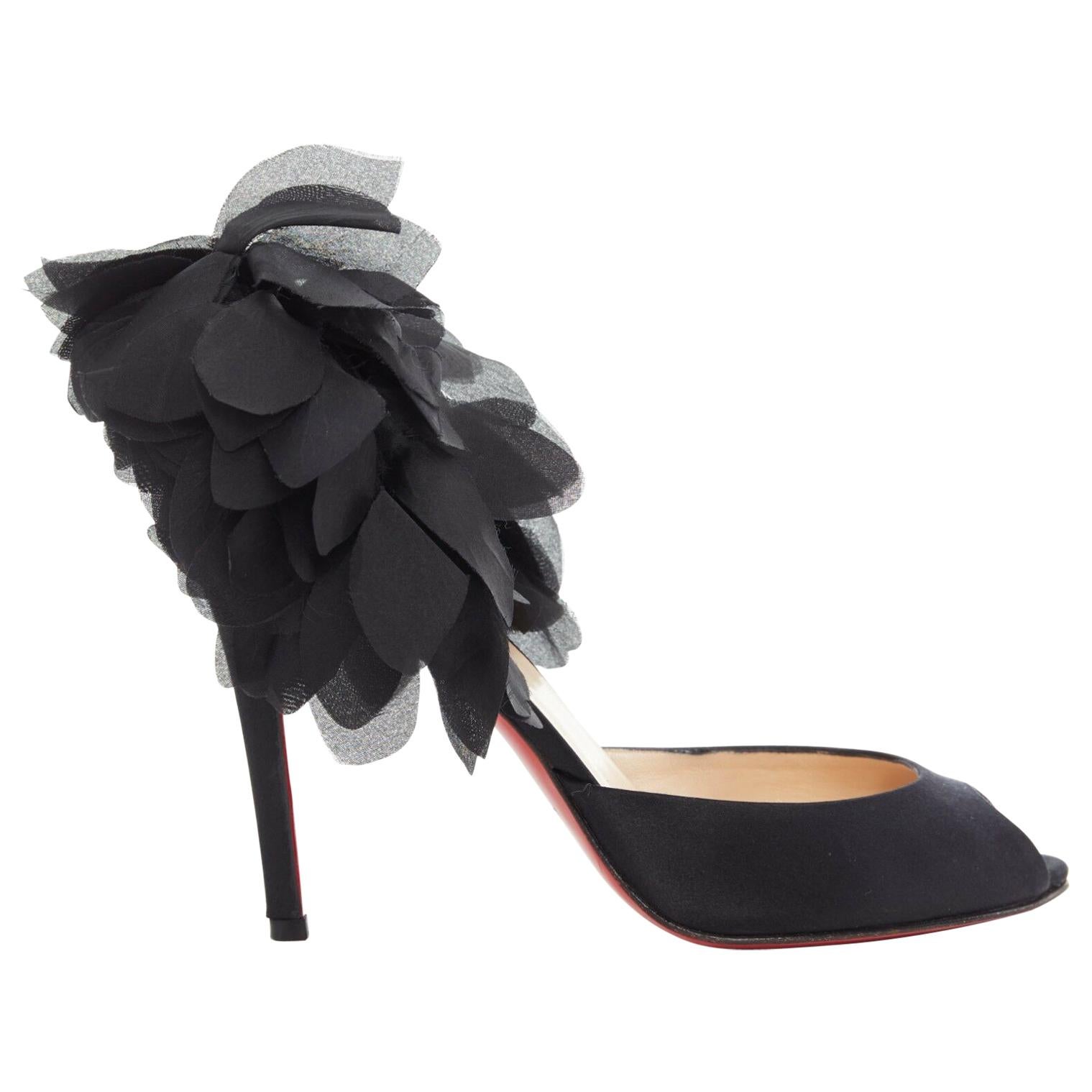 CHRISTIAN LOUBOUTIN Carnival 100 black satin peep toe ruffle petal heel EU37.5