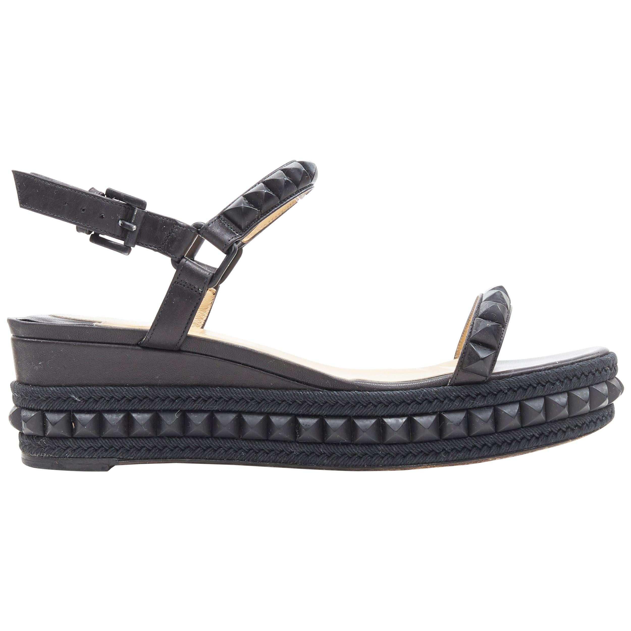CHRISTIAN LOUBOUTIN Cataclou black studded espadrille jute platform sandals EU38