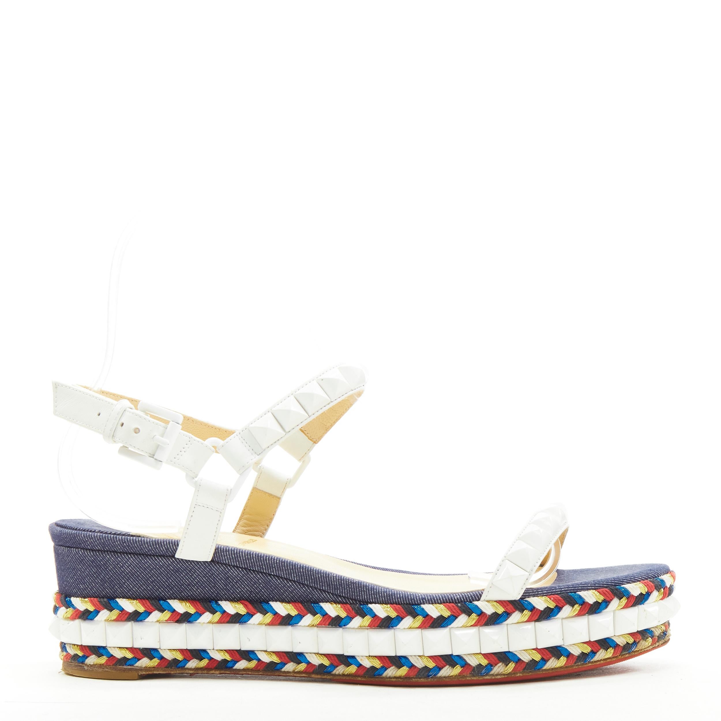 CHRISTIAN LOUBOUTIN Cataclou blue denim studded braided platform wedge EU38