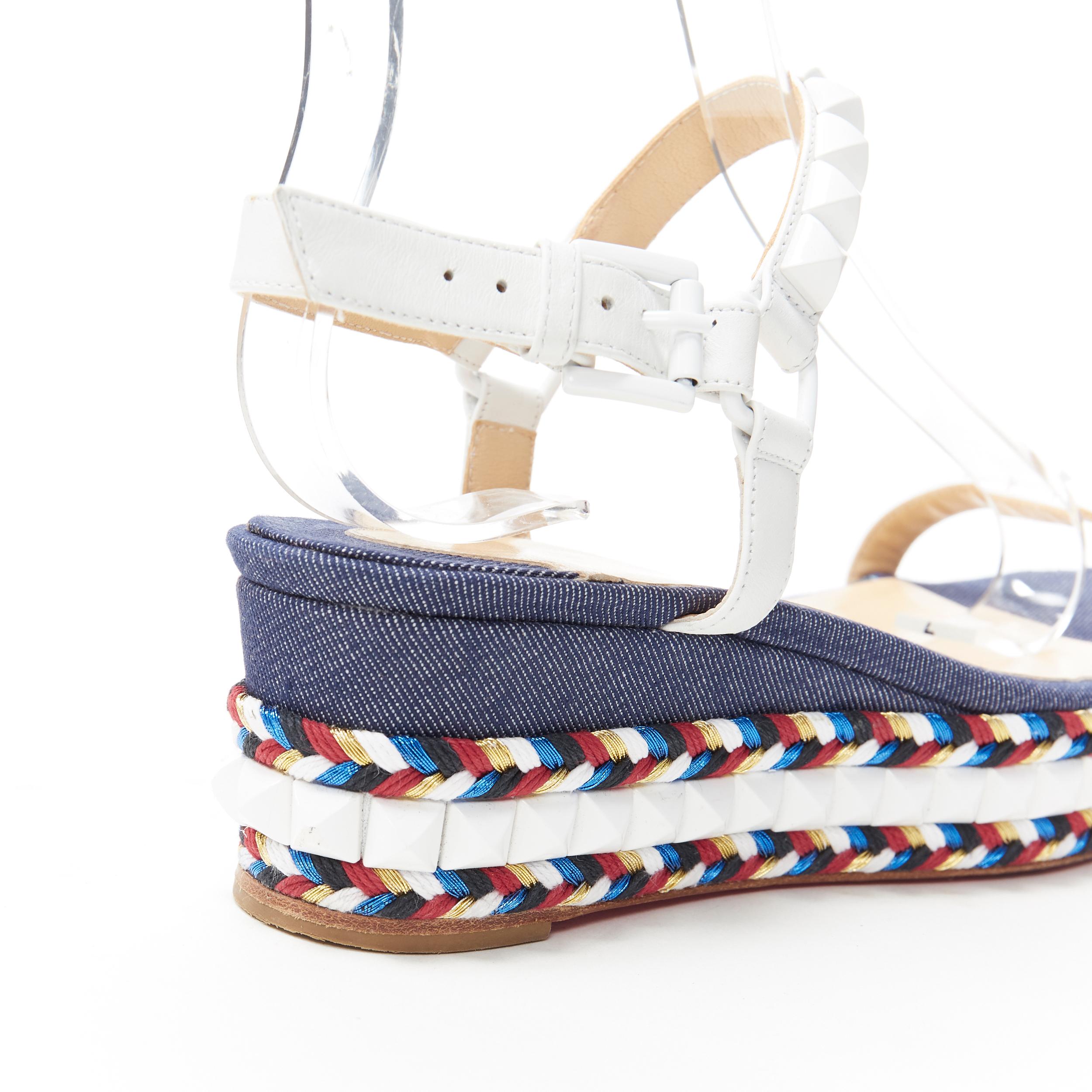 CHRISTIAN LOUBOUTIN Cataclou white denim stud espadrille platform sandals EU38 4