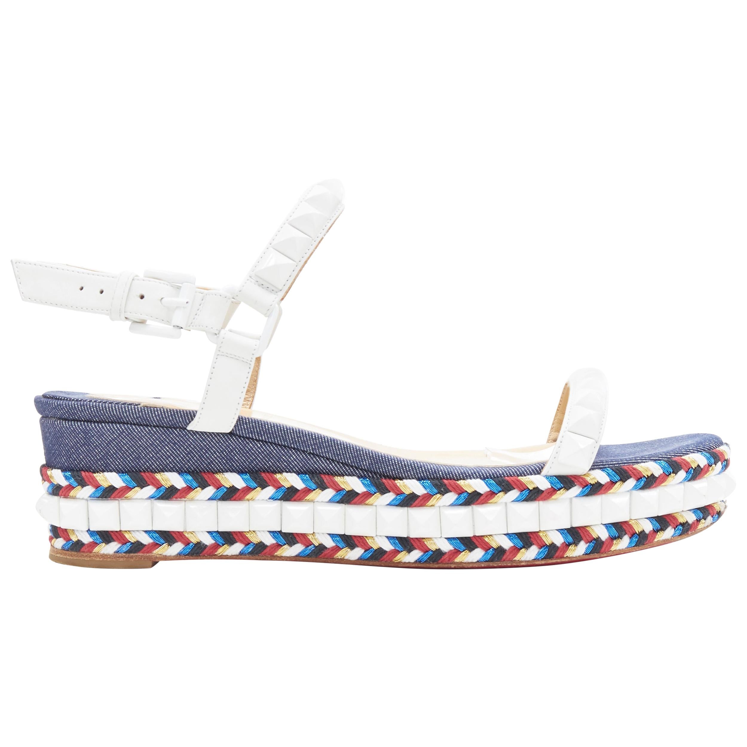 CHRISTIAN LOUBOUTIN Cataclou white denim stud espadrille platform sandals EU38