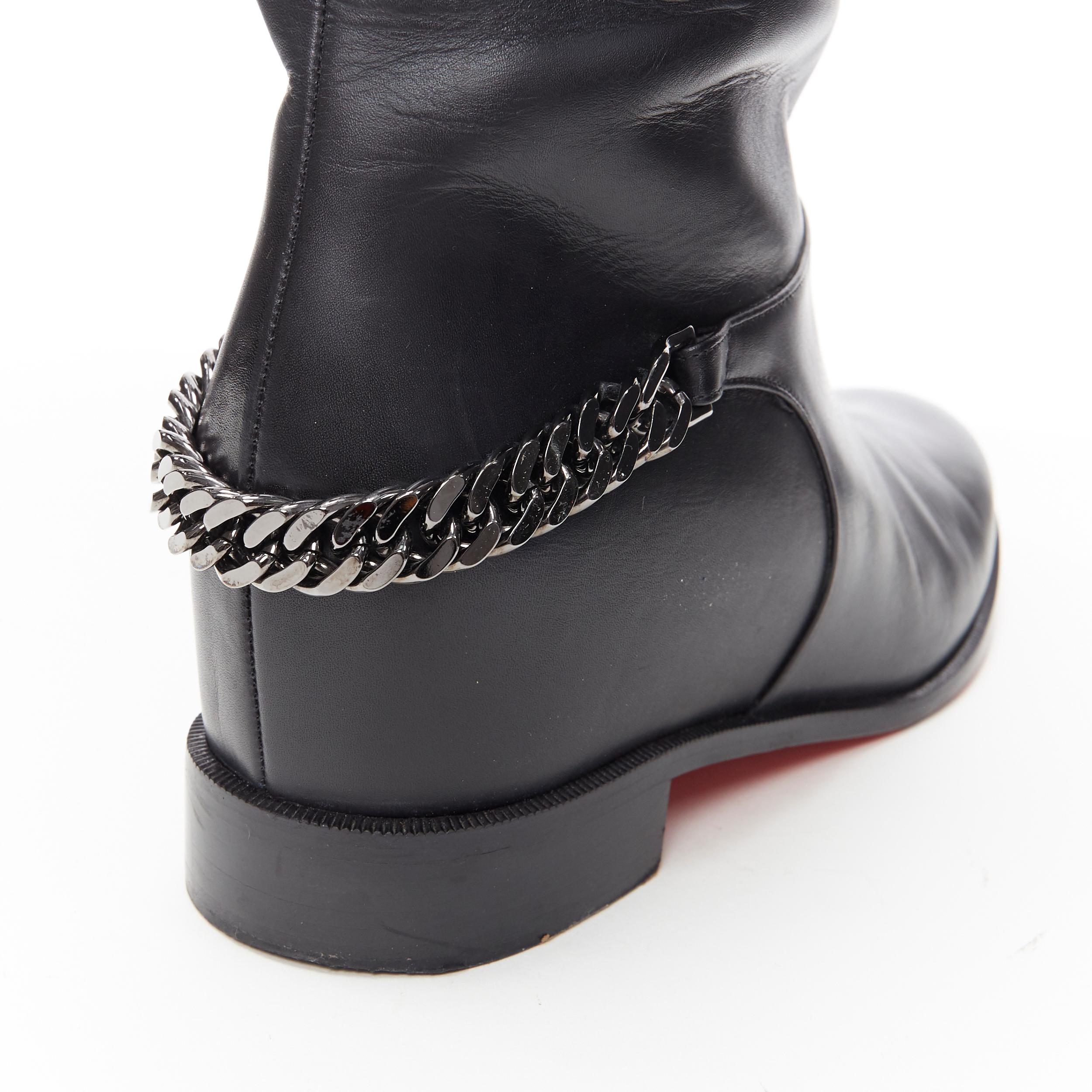 CHRISTIAN LOUBOUTIN Cate black leather silver chain heel pull on tall boot EU39
Brand: Christian Louboutin
Designer: Christian Louboutin
Model Name / Style: Cate
Material: Leather
Color: Black
Pattern: Solid
Closure: Pull on
Extra Detail: Low (1-1.9