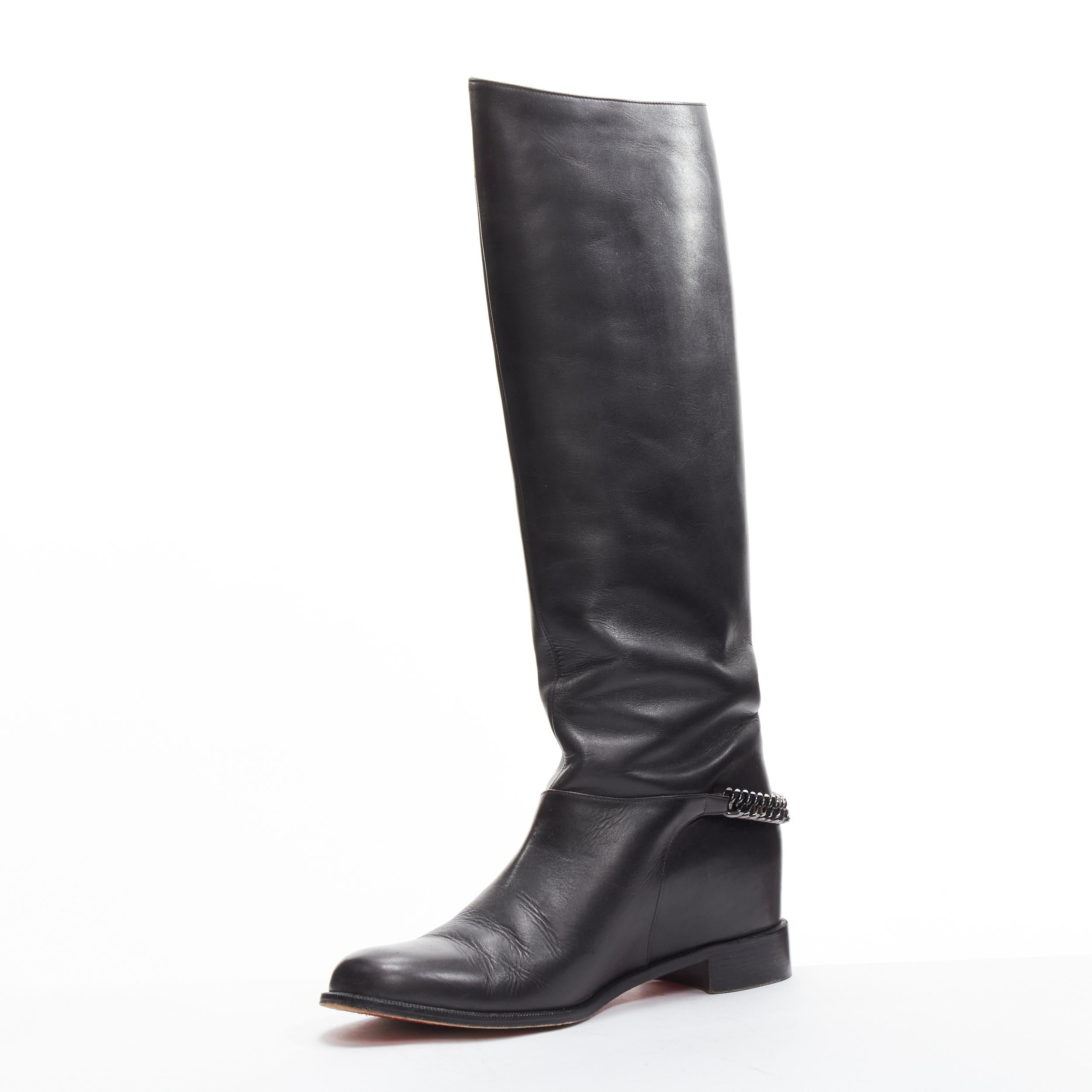 CHRISTIAN LOUBOUTIN Cate silver chain heel black leather wedge riding boots EU40 For Sale 1