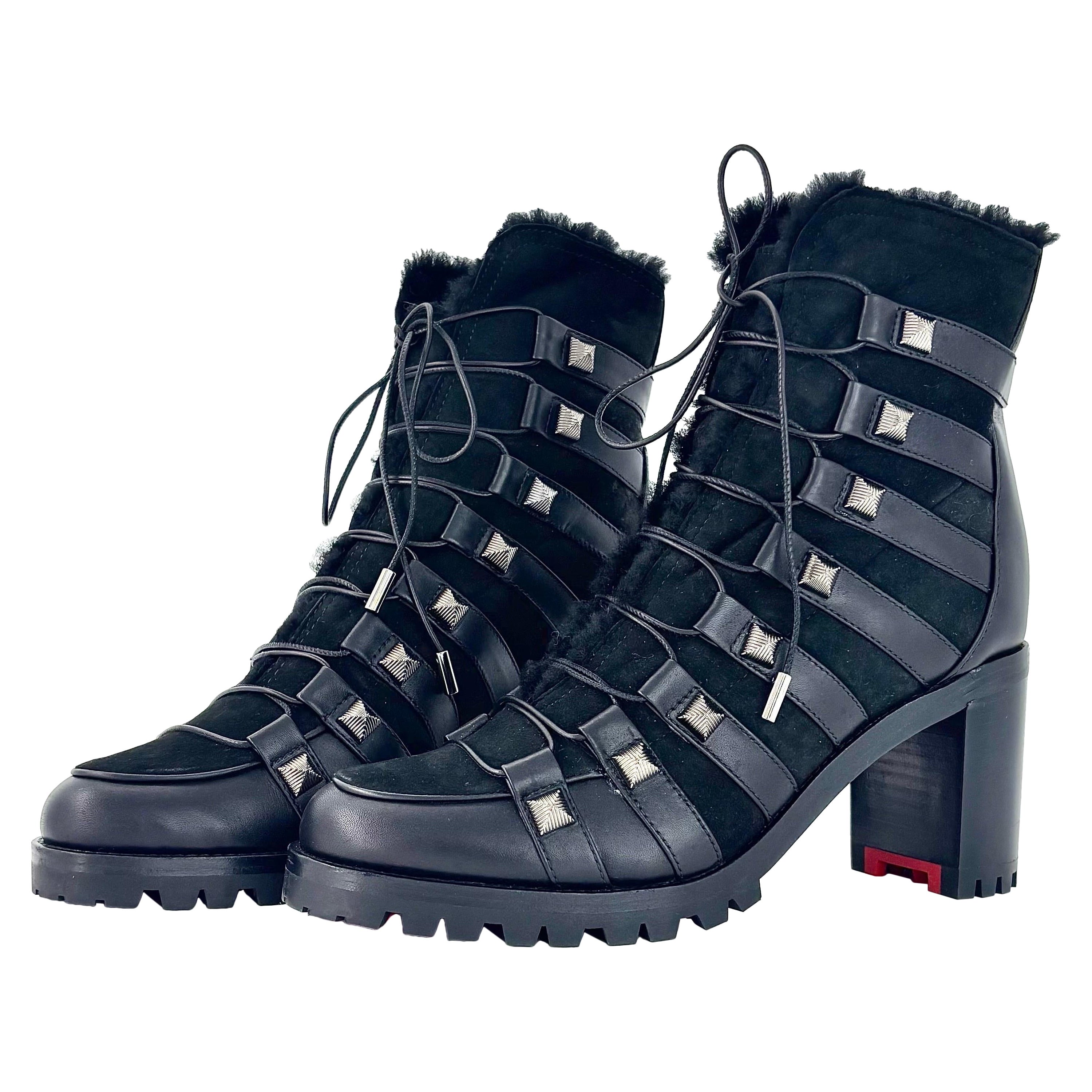 Christian Louboutin Chaletta 70 Black Shearling Lug Sole Ankle Boots Women's 38