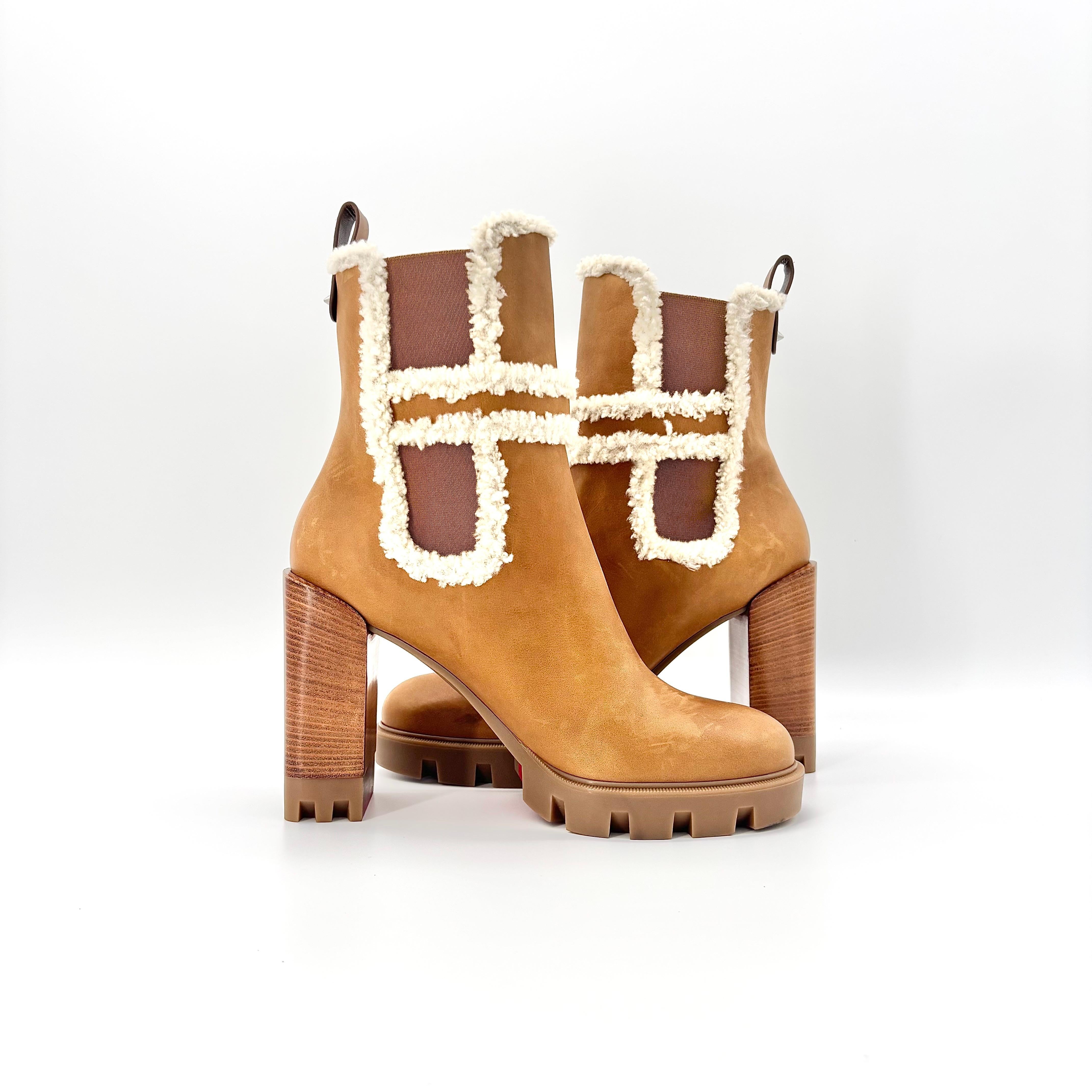 Christian Louboutin Chelsea Lug 100 Botines de tacón alto de piel de oveja 41 Marrón en venta