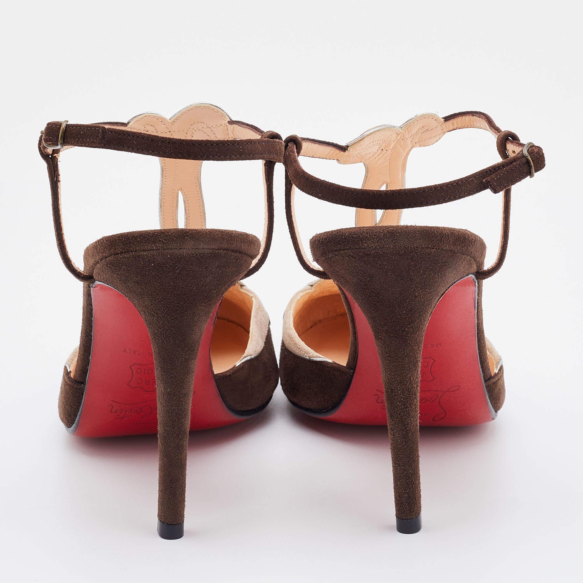 Christian Louboutin Choco Brown/Beige Suede T Strap Ankle Strap Sandals Size 39 In Excellent Condition In Dubai, Al Qouz 2
