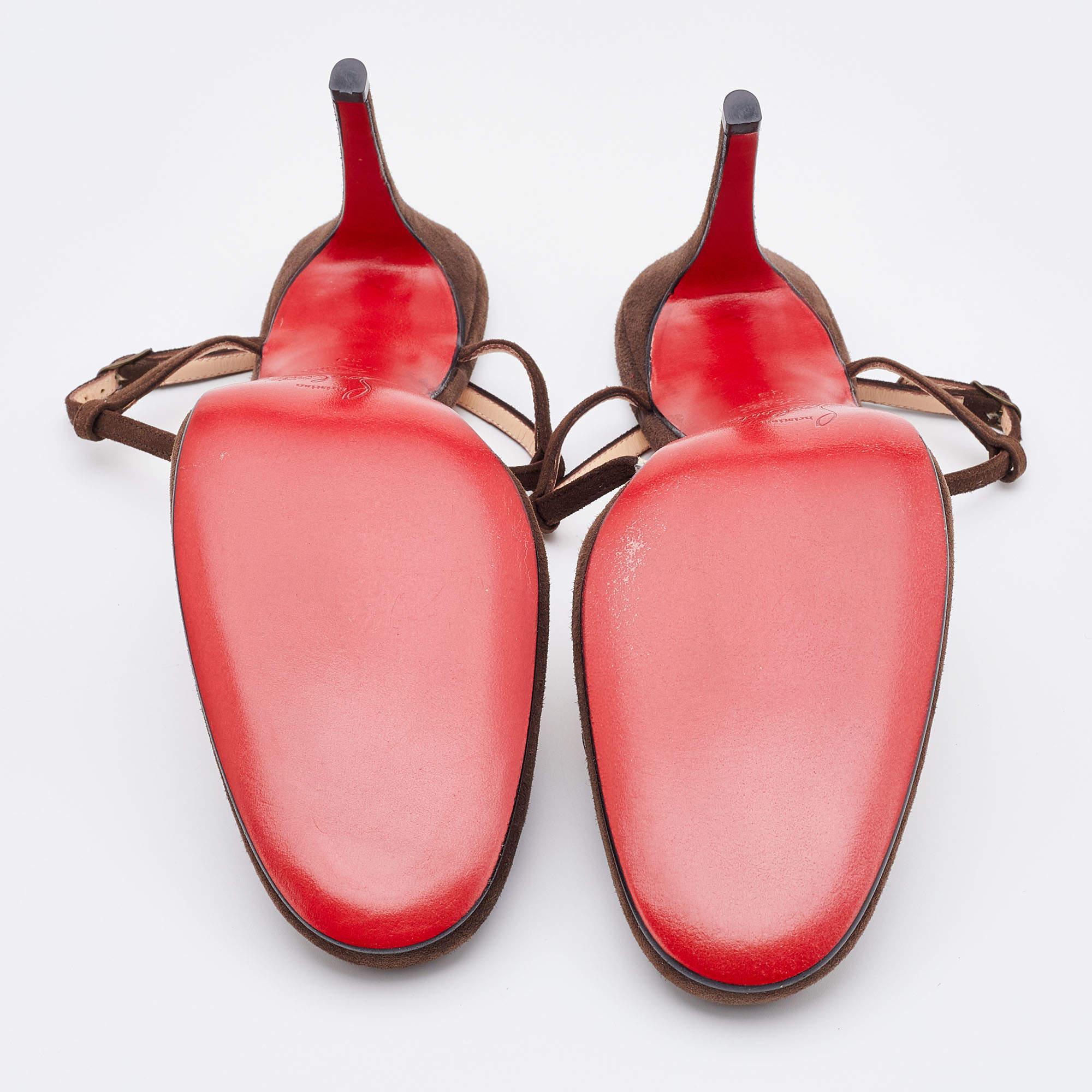 Women's Christian Louboutin Choco Brown/Beige Suede T Strap Ankle Strap Sandals Size 39