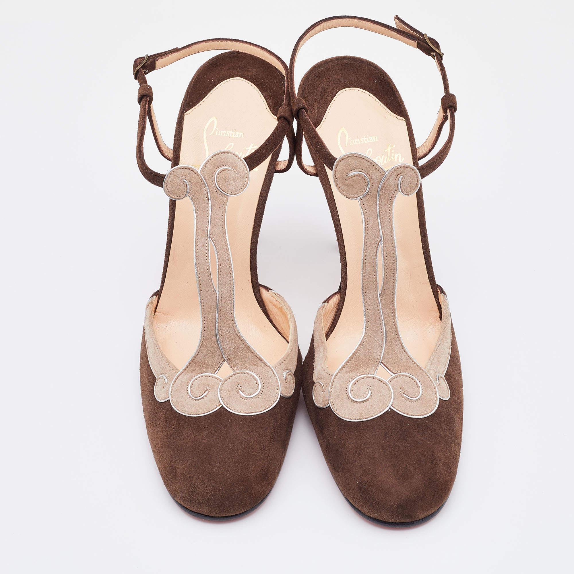 Christian Louboutin Choco Brown/Beige Suede T Strap Ankle Strap Sandals Size 39 1